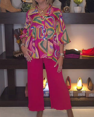 Bluse Bunt Geometrisch Puffärmel Bedruckt