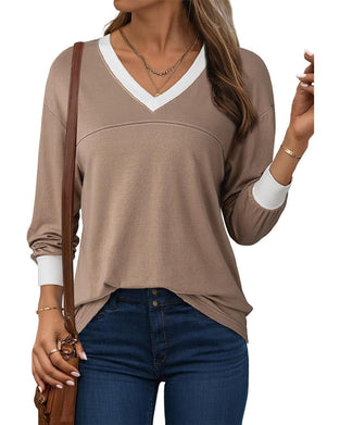 Bluse Kontrast V-Ausschnitt Locker
