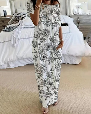 Kleid Off-Schulter Blumen Tasche Voll-Rock