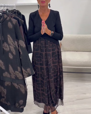 Kleid V-Ausschnitt Langärmlig Patchwork