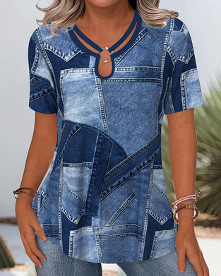 Bluse Vintage Denim Kontrast Cut-Out