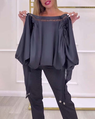 Bluse Laternenärmel One-Shoulder Einfarbig