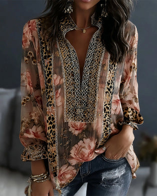 Bluse Blumig Leopard Langarm