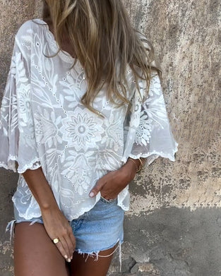 Bluse Schmetterlingsärmel Rundhals Bestickt