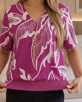 Bluse Blumenprint Gummizug Saum Kurzarm