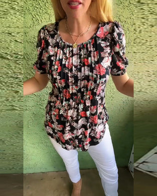 Bluse Rundhals Puffärmel Plissiert Blumenmuster