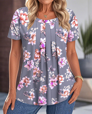 Bluse Rundhals Plissee Print