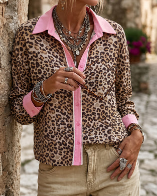 Bluse Farbblock Leopard Langarm