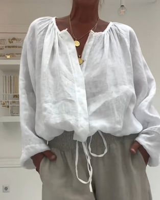 Bluse 100 % Baumwolle Langarm Geraffte Binde