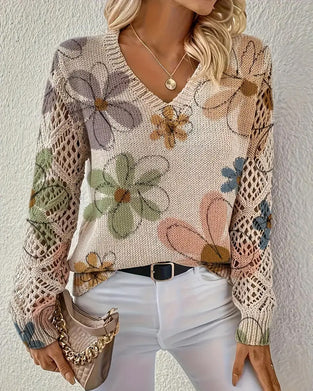 V-Ausschnitt Lochmuster-Strickpullover