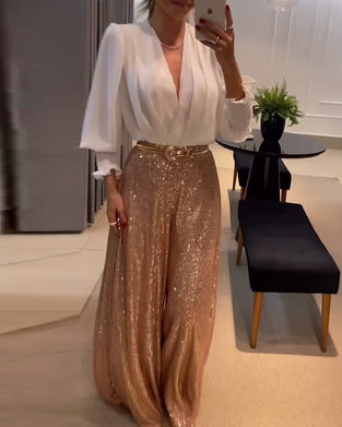 Elegante, einfarbige bluse mit V-ausschnitt und laternenärmeln