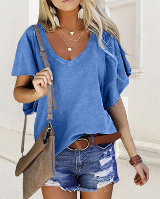 Einfarbiges T-Shirt mit Rüschenärmeln