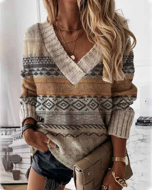Geometrischer Pullover mit V-Ausschnitt und langen Ärmeln