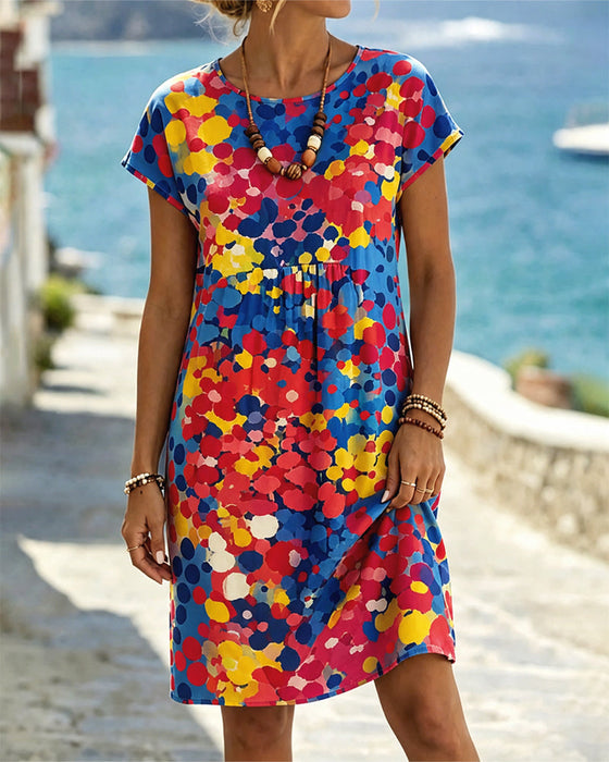 Kleid Rundhals Bunt Gedruckt