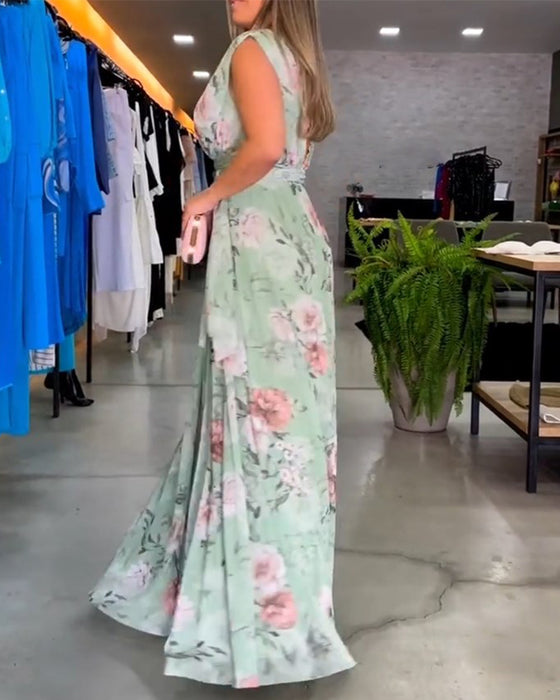 Elegantes, ärmelloses Kleid mit Blumendruck und V-Ausschnitt