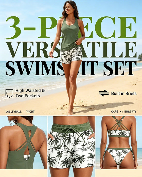 Abdeckung Und Bikini Crisscross Ärmelloses Oberteil + Kordelzug Bedruckte Hose Für