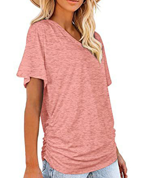 T-Shirt Plissiert Einfarbig V-Ausschnitt