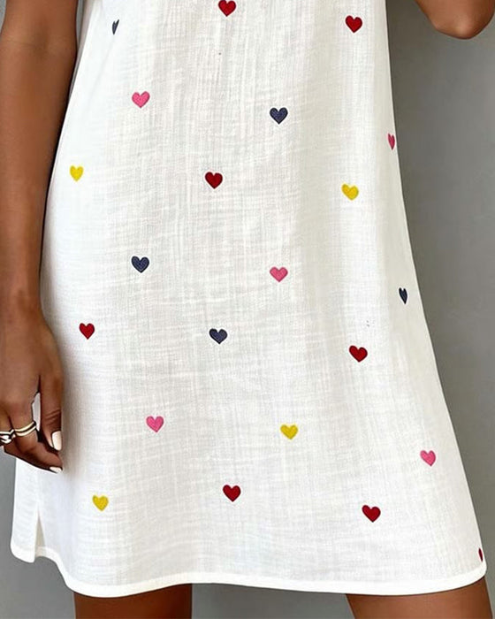 Buntes Herz-Print-Kleid Mit V-Ausschnitt