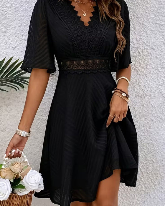 Kleid V-Ausschnitt Spitze Patchwork Ausschnitt