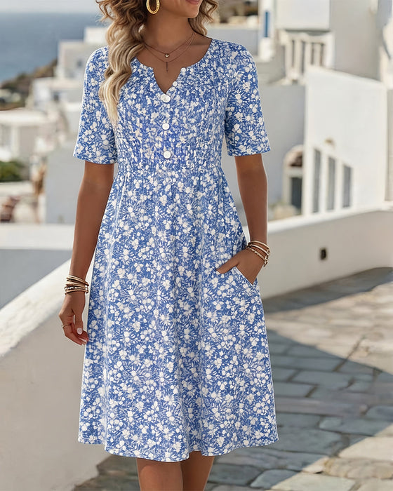 Kleid V-Ausschnitt Kurzarm floral