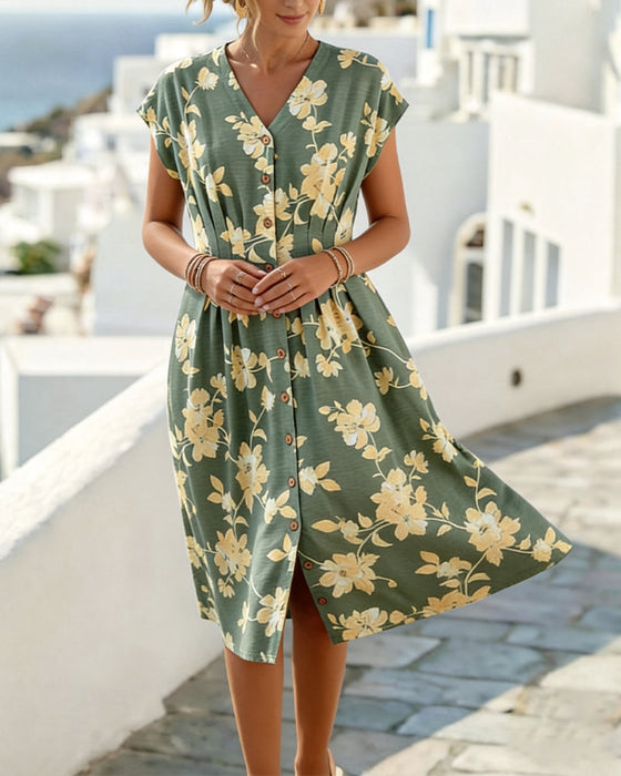 Kleid V-Ausschnitt Print Tailliert Knopfleiste