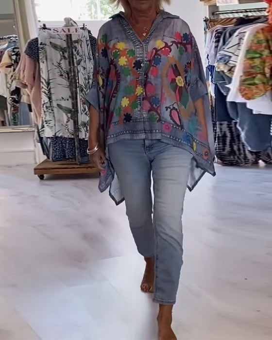 Blouse Unregelmäßiger Druck Gefälschter Denim