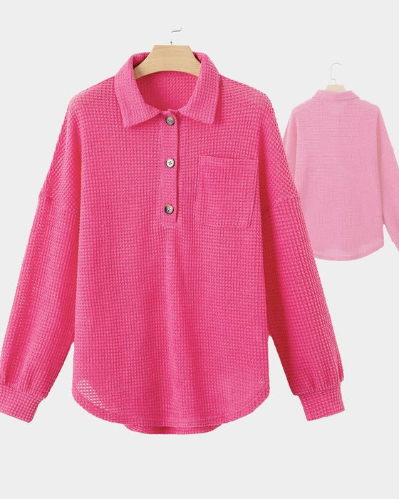 Bluse Unifarben Knopf-Leiste Locker Revers