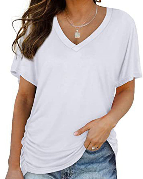 T-Shirt Plissiert Einfarbig V-Ausschnitt