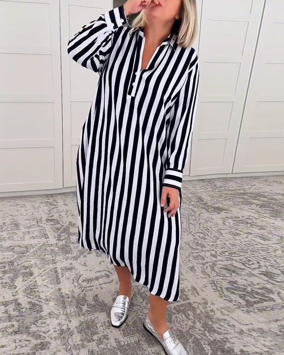 Kleid Revers Gestreift Tasche