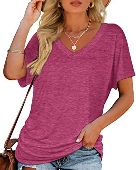 T-Shirt Plissiert Einfarbig V-Ausschnitt