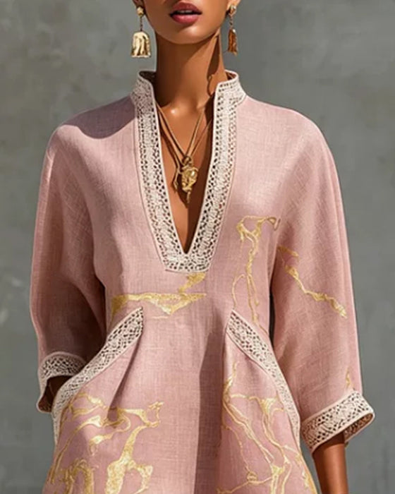 Kleid Stehkragen Halbärmel Hohl
