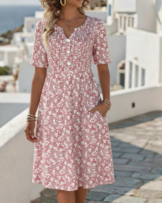 Kleid V-Ausschnitt Kurzarm floral