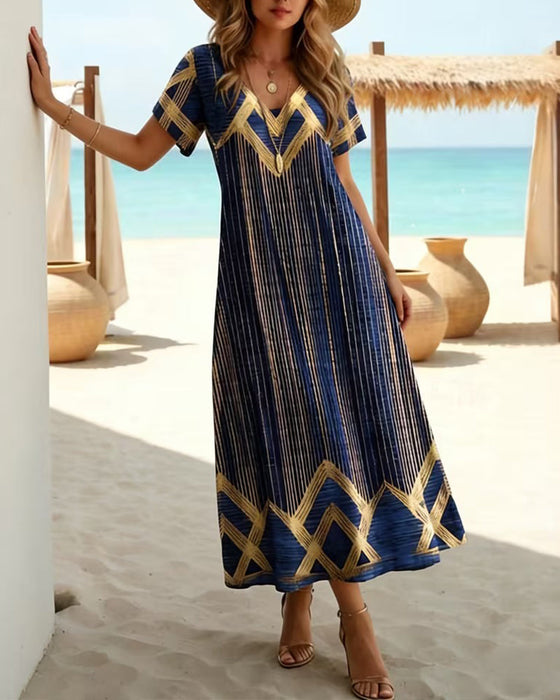 Kleid V-Ausschnitt Gedruckt Urlaub Maxi