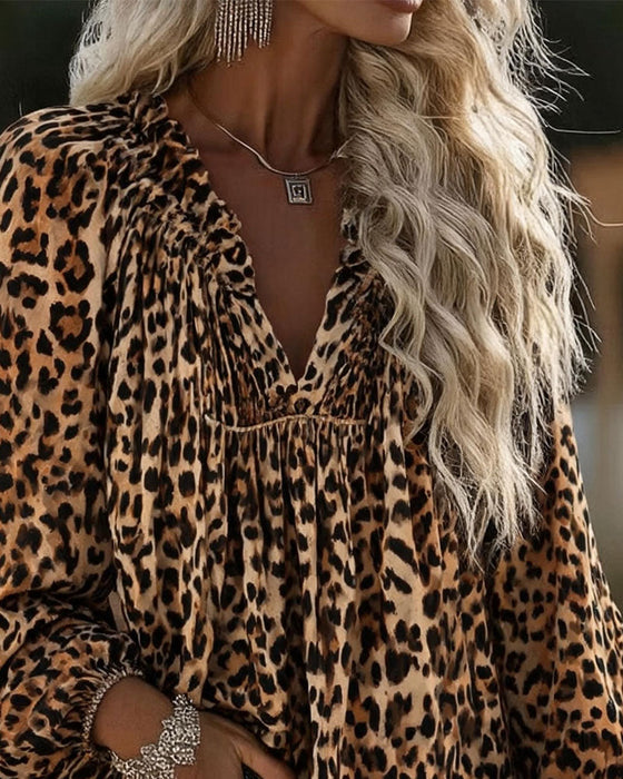 Bluse V-Ausschnitt Leopardenmuster Rüschen Puffärmel