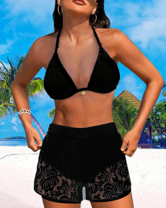 Einfarbiger Neckholder-Bikini aus Spitze