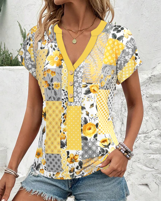 Bluse V-Ausschnitt Kurzärmelig Blumenmuster
