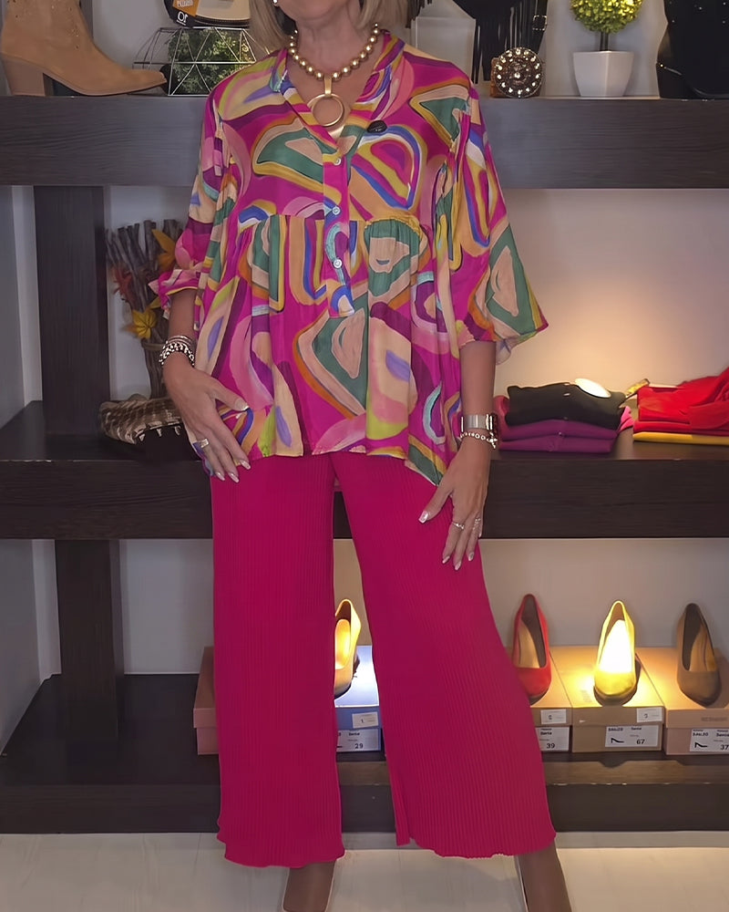 Bluse Bunt Geometrisch Puffärmel Bedruckt
