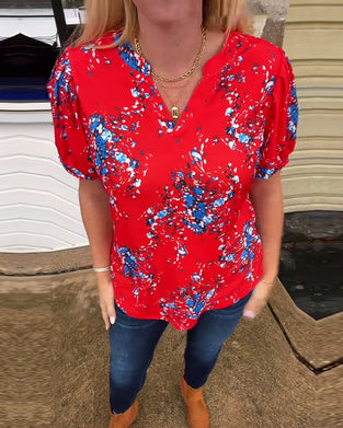 T-Shirt V-Ausschnitt Blumenmuster Kurzarm