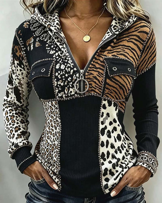 Oberteil Leopard Patchwork Halber Reißverschluss Mit Kapuze