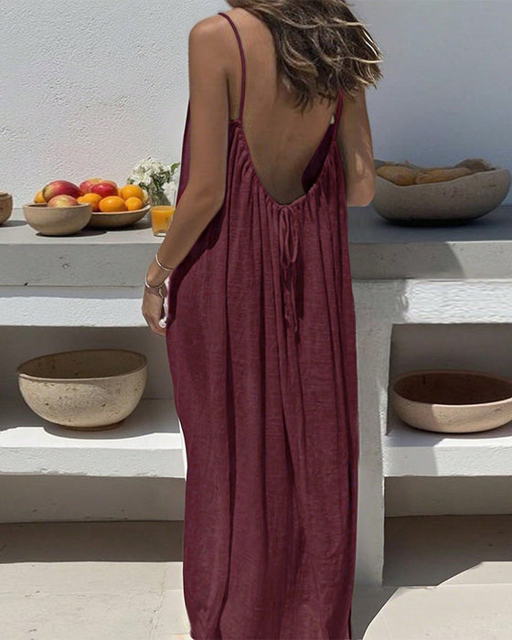 Kleid Uni Farbe Rüschen Rückenfrei Spaghetti Träger Maxi