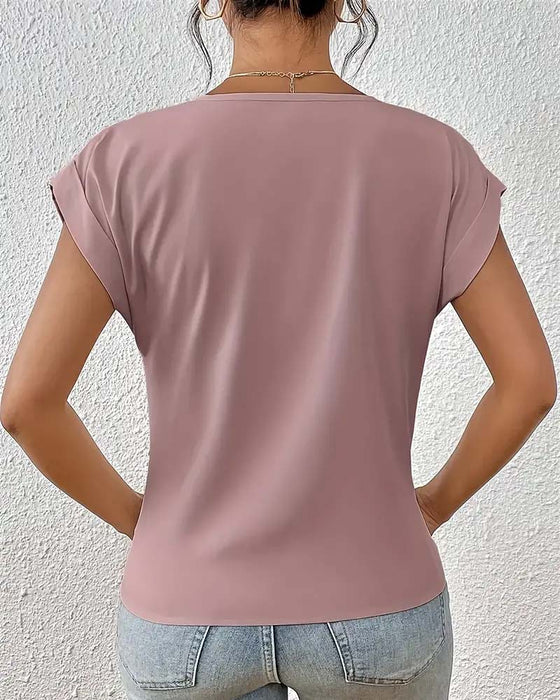 T-Shirt V-Ausschnitt Einfarbig Elegant Kurzarm