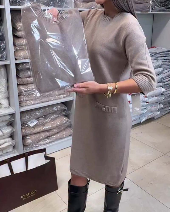 Pullover Kleid Rundhals Ellenbogenlang Ärmel
