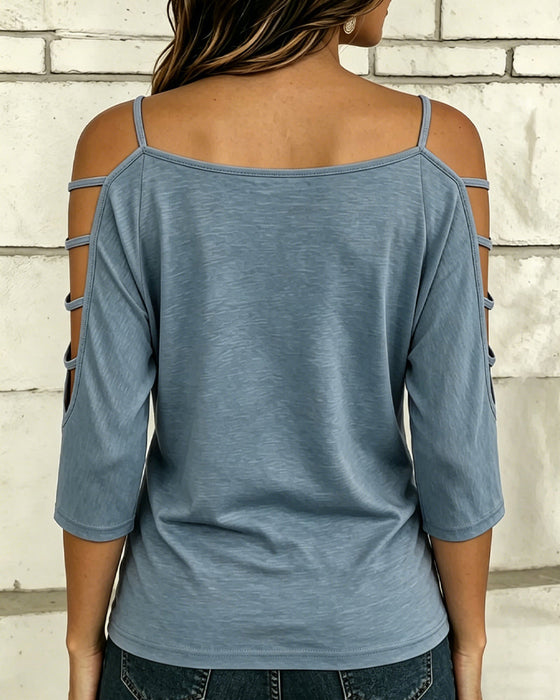 T-Shirt Uni Farbe Ellenbogenlang Ärmel Off-Shoulder