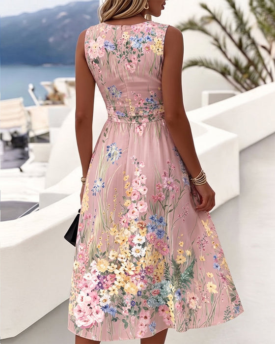 Kleid Ärmellos Blumenprint Taillenbetonend