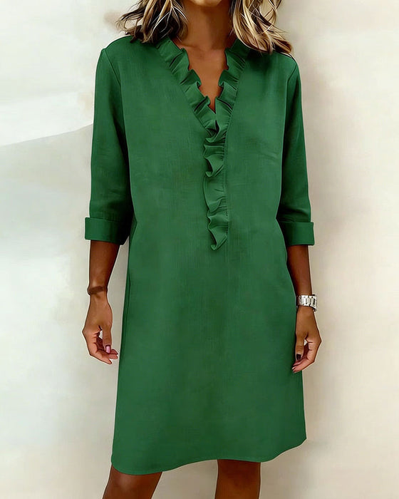 Kleid gerüscht V-Ausschnitt einfarbig