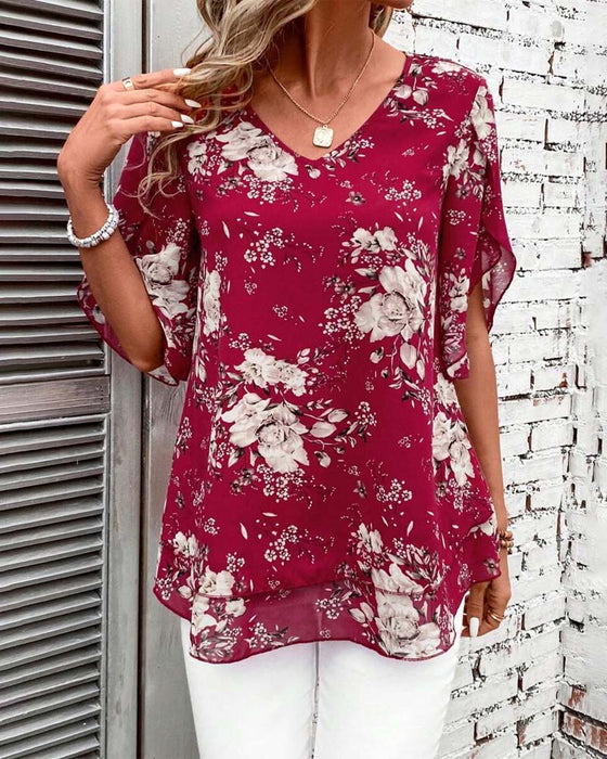 Bluse V-Ausschnitt Bedruckt Doppel-Layer Kurzarm