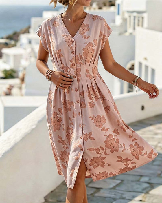 Kleid V-Ausschnitt Print Tailliert Knopfleiste
