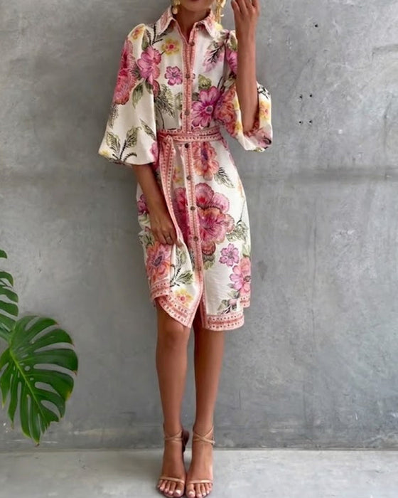 Lampenärmel Kleid mit Reverskragen und Print