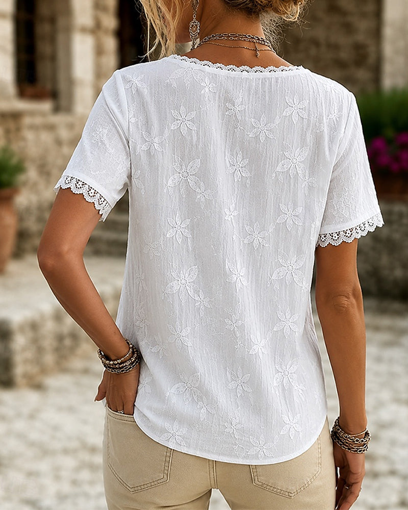 Bluse V-Ausschnitt Spitze Kurzarm