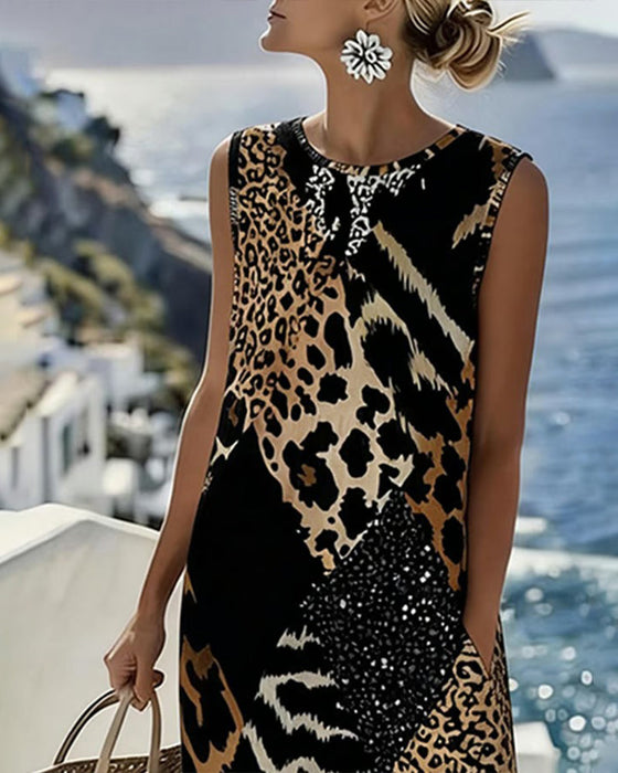 Kleid Patchwork Leopardenmuster Ärmellos Lang